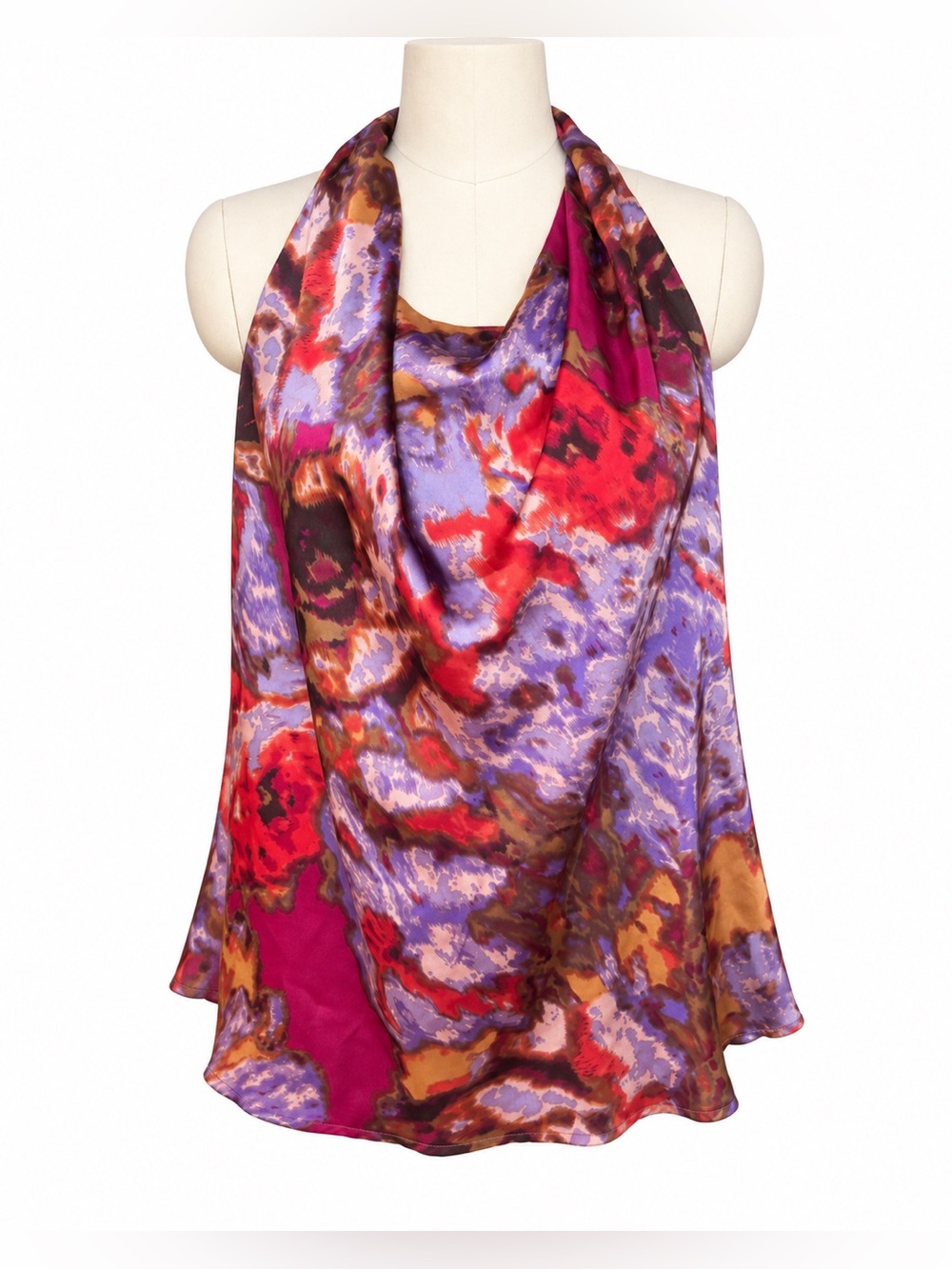Adiva XL Abstract Floral Satin Halter Cowl Neck Blouse